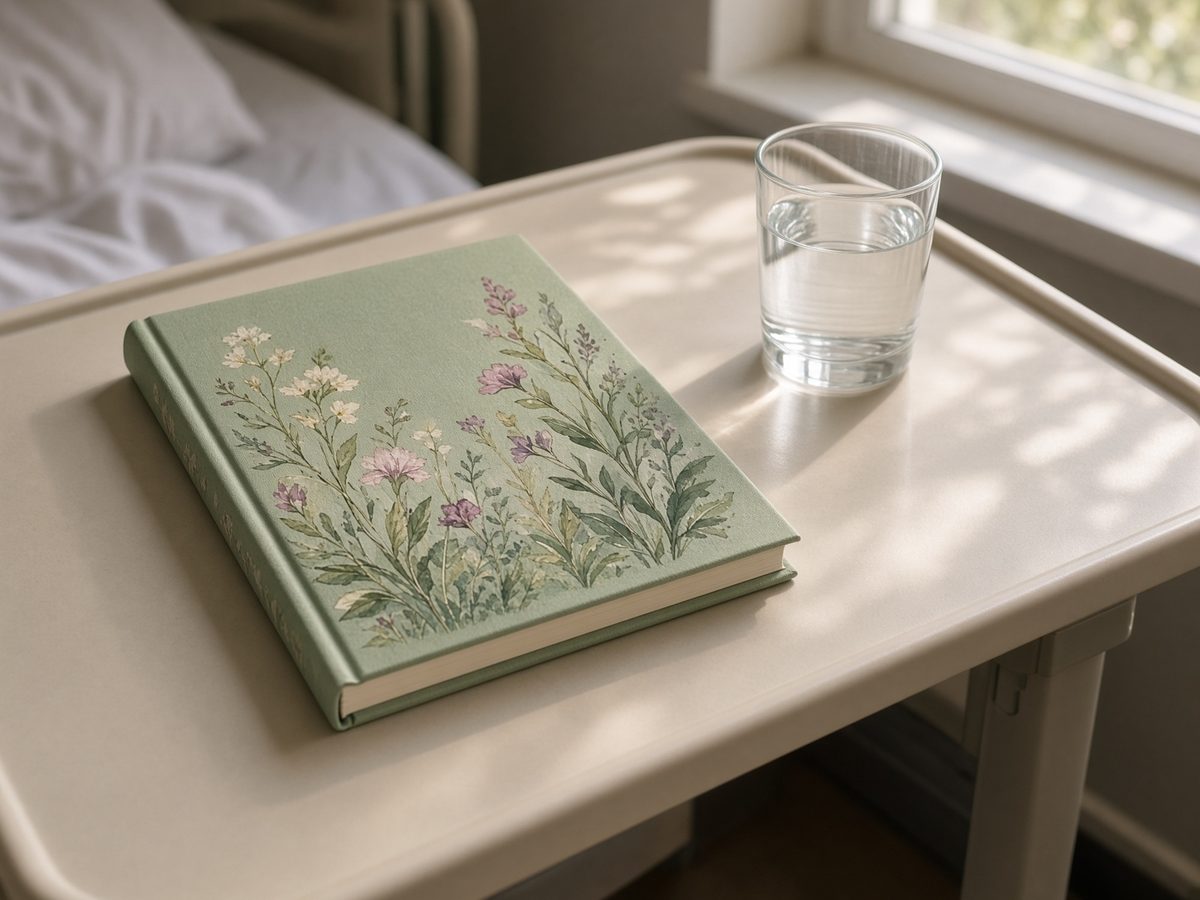 A picture book on a hospital over-bed tray table in afternoon light.