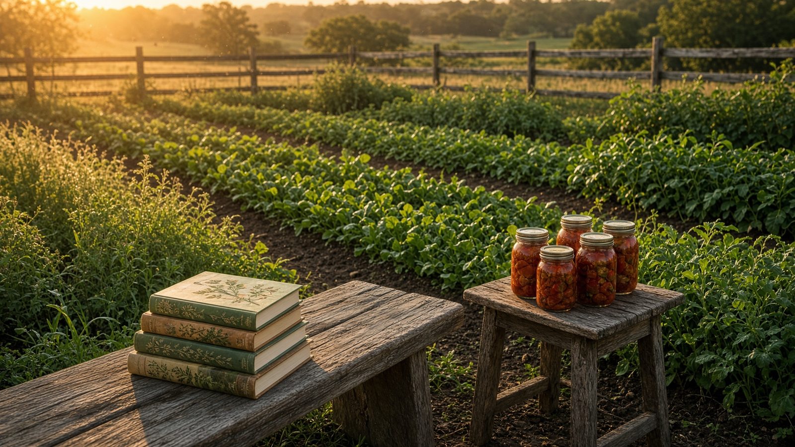 Vegetable rows at golden hour, a garden bench, picture books, and jars of canned tomatoes.